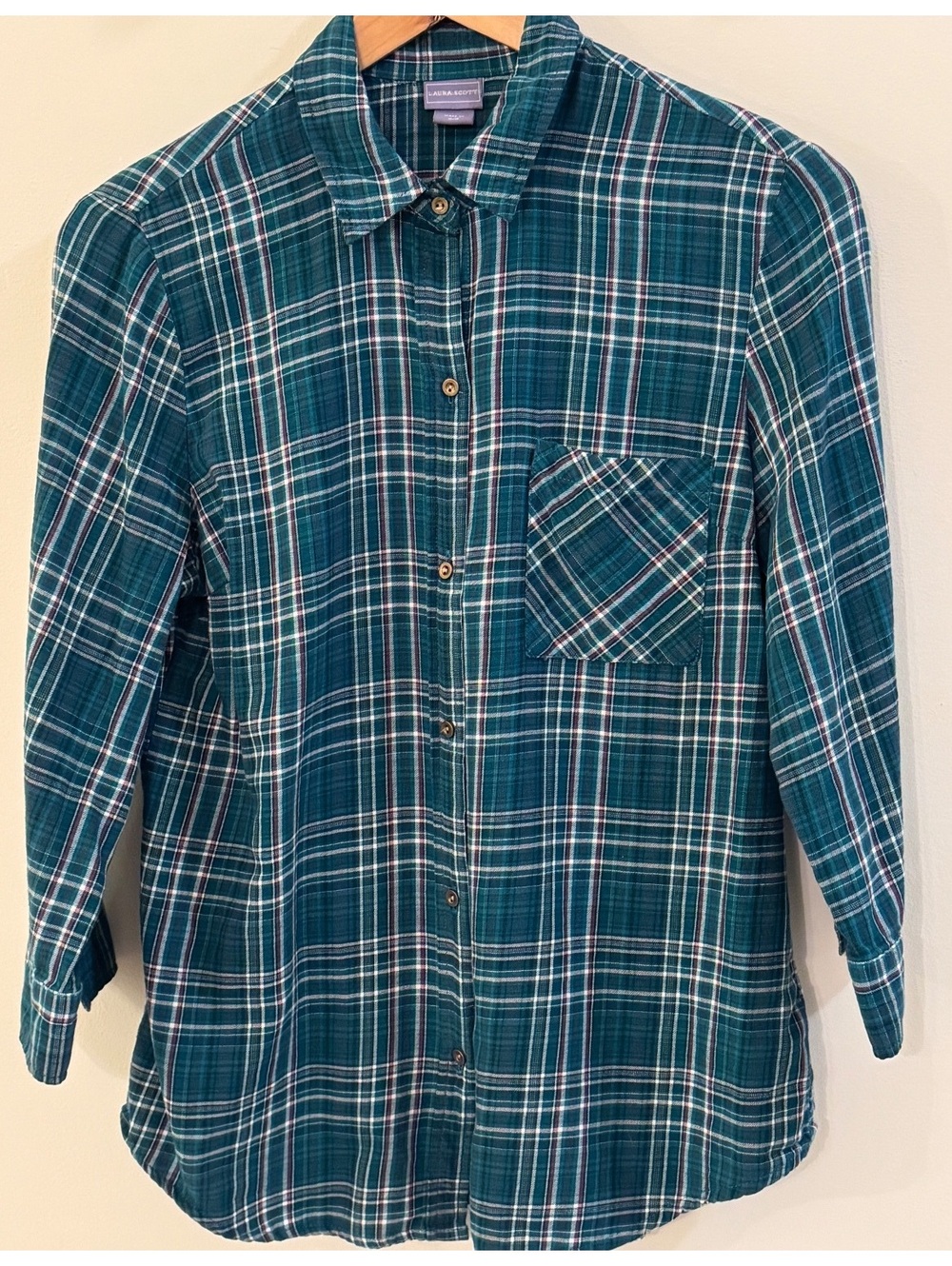 Laura Scott Women's Green Plaid Button-Up Shirt Medium